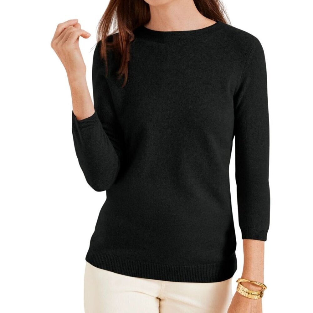 Talbots Pure Cashmere Black 3/4 Sleeve Crewneck Sweater Quiet Luxury Size L*